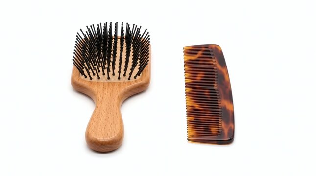 A wooden hairbrush with black bristles and a tortoiseshell comb are neatly arranged on a clean white background, highlighting hair care tools.
