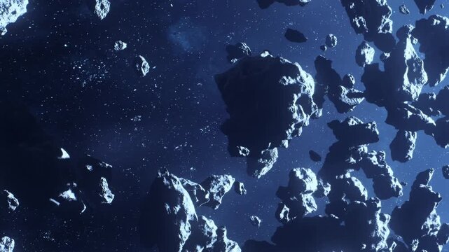 Asteroids are seen drifting in space against a backdrop of stars. The scene shows a variety of asteroid shapes and sizes in a dark environment.