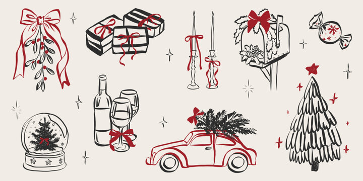 Retro doodles of Christmas party. Vintage new year icons dinner meals in chalk and crayon drawing. Xmas party elements for poster and greeting cards. Handwriting holiday vector illustration