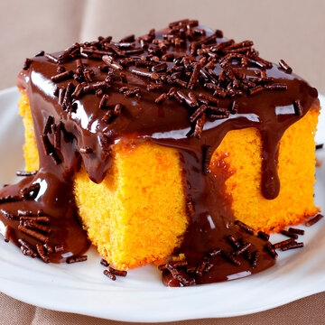 Brazilian carrot cake with a soft crumb, covered in a generous layer of glossy chocolate and decorated with chocolate sprinkles