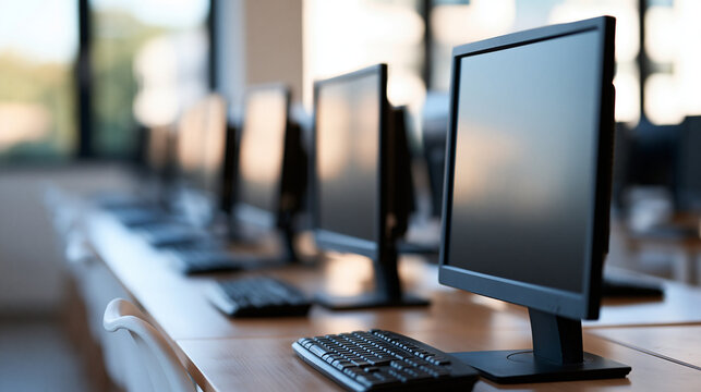 rows of desktop computer monitors in bright modern computer lab classroom clean organized education training space soft natural light bright computer lab desktop monitors