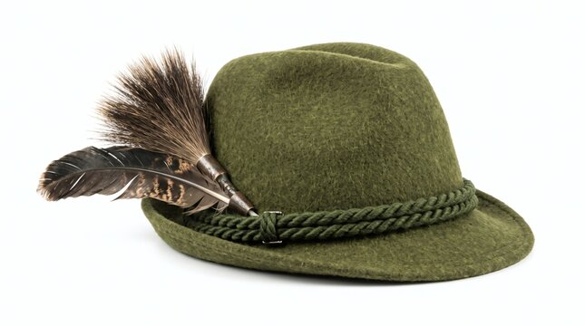A traditional green felt Tyrolean hat with a decorative feather and brush adornment is presented on a clean white background.
