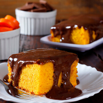Slice of Brazilian carrot cake topped with chocolate sauce, served on a white plate on a rustic table, with carrots and chocolate in the background
