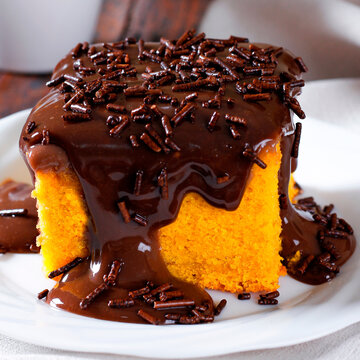 Homemade Brazilian carrot cake with golden batter, creamy chocolate frosting, and sprinkles.