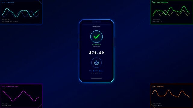 A secure contactless payment transaction shown on a mobile screen with glowing data graphs representing digital finance flow and merchant verification in a dark environment