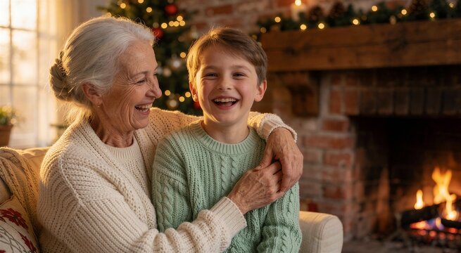 Cozy moment of Christmas laughter as a grandmother hugs her grandson in front of a warm fireplace and decorated tree.