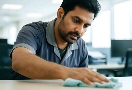 Professional cleaning services janitor wiping office desk hygiene and sanitation in workplace commercial cleaning staff at workplace