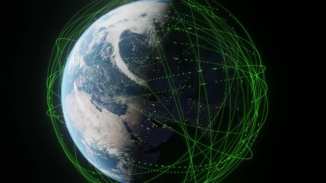 Zooming out from earth global data transfer through space above the earth's surface. Networking and communication 3d animation.