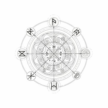 Magical rune circle with intricate geometric patterns and celestial symbols