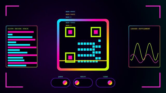 Contactless payment interface displays evolving square barcodes and fluctuating wave graphs across glowing digital panels that shift between vibrant pink and neon blue light tones