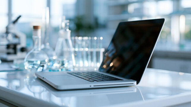 laptop resting on bright lab desk beside glassware and test tubes in modern science laboratory clean organized composition soft natural light bright laptop laboratory desk
