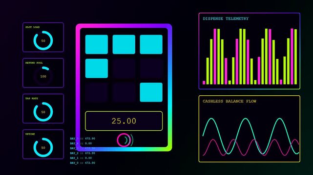 Contactless payment interface displays evolving financial metrics through neon glowing animated graphs and square grid panels changing status on a dark digital monitor for user monitoring