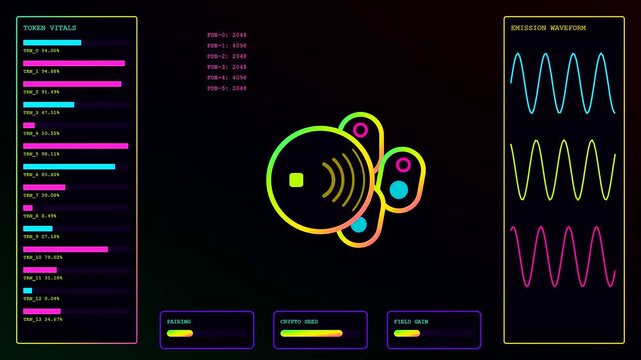 Neon contactless payment interface displays abstract sensor signals and digital bar charts across three wide windows in a dark virtual environment for modern financial system monitoring