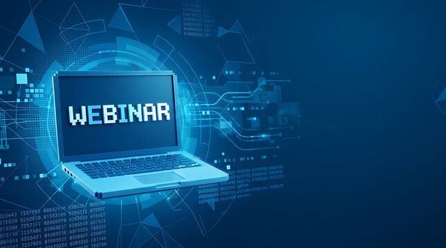 Education concept with pixelated words "Webinar" on a digital background in 3D render representing online learning education concept webinar text pixelated words digital background 3D render online