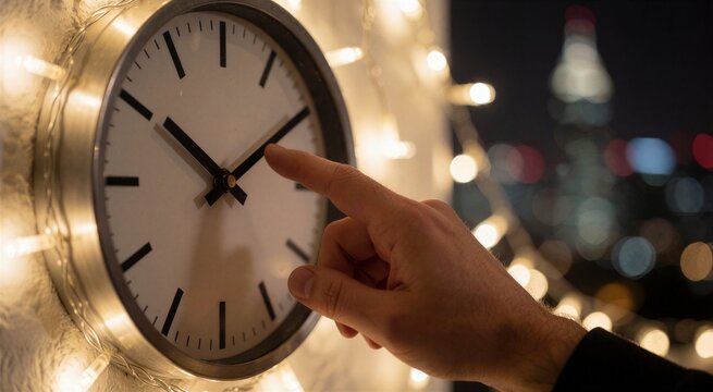Countdown to midnight on Christmas with a hand pointing at a classic analog clock amidst twinkling string lights and a blurred city skyline.