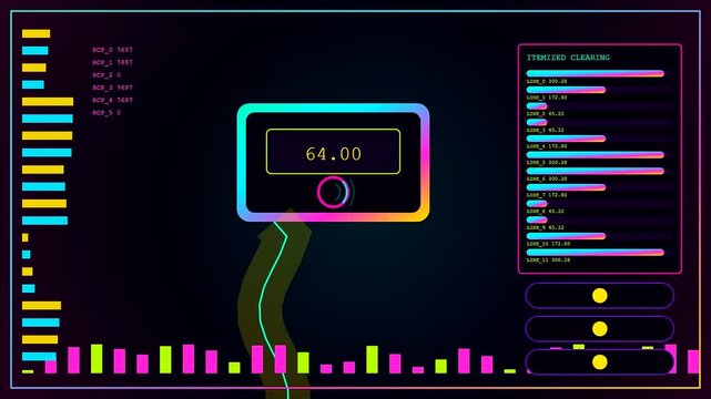 A digital contactless payment terminal interface displays fluctuating data metrics across three frames while vibrant neon bars move rhythmically in a simulated financial tracking system environment