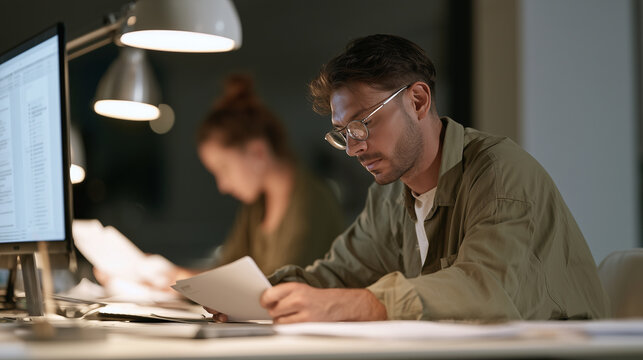 Young man comparing documents on desk with information on monitor, office work, , young man working at night, woman typing documents, monitor, photo style