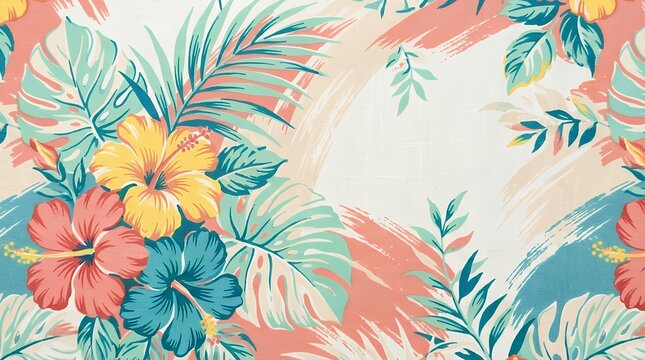A close-up vintage fabric pattern from South Beach featuring floral design and retro aesthetic South Beach floral close-up vintage fabric pattern design retro aesthetic nobody copy space textile