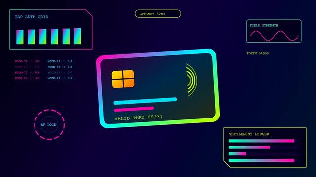 A digital contactless payment interface shows shifting data streams and telemetry bars on a dark screen as simulated financial transactions occur in a sequence of frames