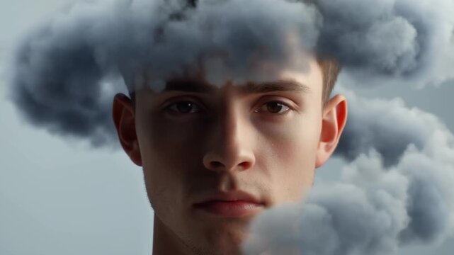 Young man with clouds around face in surreal closeup portrait against blue background