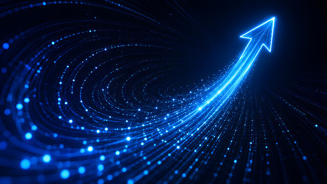 Glowing blue digital arrow pointing upward with sweeping data light trails representing rapid technology growth and network speed