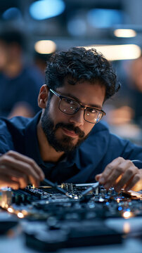 technician testing computer motherboard with multimeter at bright high tech electronics laboratory workstation hardware diagnostics concept hands focused framing natural