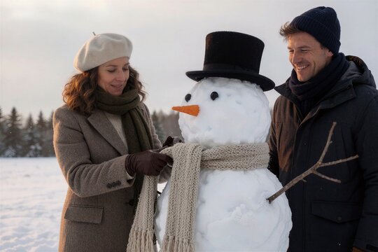 Family building a snowman together in a snowy winter landscape, with a woman dressing the snowman while a man smiles beside it.