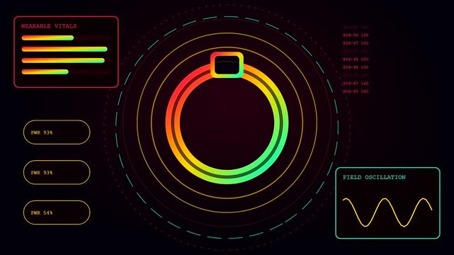 Digital contactless payment interface showing circular progress rings with neon gradient light bars and oscillating waveform patterns on a dark screen for secure modern transaction monitoring