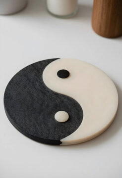 Yin and yang symbol balance and harmony, spiritual wellness and duality concept, black and white stone coaster