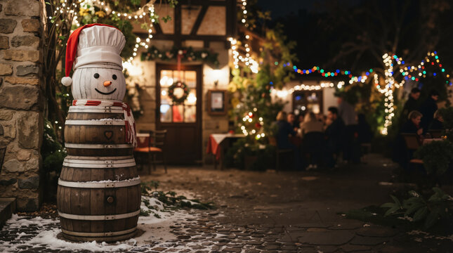 Creative snowman made of wooden barrels in front of a cozy restaurant. Festive winter holiday decoration at night with warm string lights. Outdoor dining courtyard with Christmas atmosphere