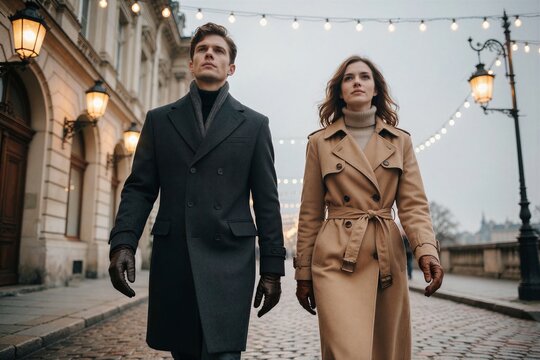 Couple walking on historic cobblestone street, suggesting Christmas shopping or a stylish winter outing under festive lights.