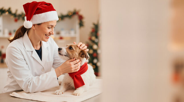 Female veterinarian in Santa hat petting a dog with a red scarf. Christmas pet care concept in a decorated clinic. Copy space for text