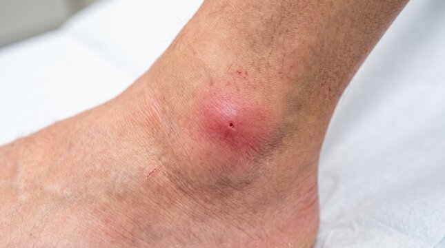 Close-Up of Swollen Red Insect Bite on Ankle Showing Skin Irritation