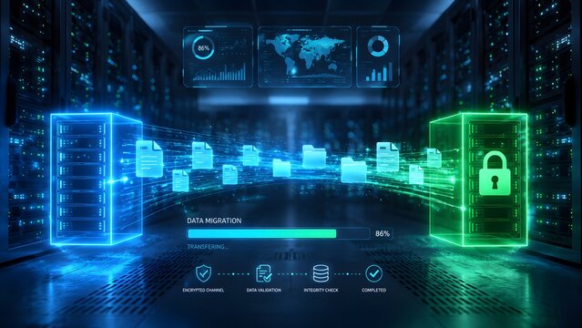 Secure data migration concept showing file transfer between glowing servers with progress bar and encryption lock in server room