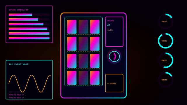 a contactless payment interface displays digital stock information with neon glowing bars and interactive touch panels for modern retail transaction processing in a dark environment