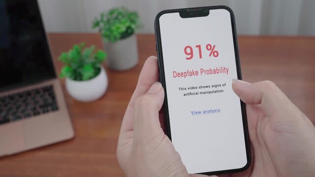 Hands hold a smartphone displaying a deepfake probability result of 91% with a warning about artificial manipulation.