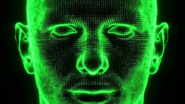 Glowing Green Digital Face Made of Binary Code Against a Black Background