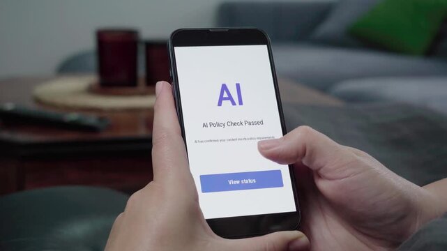 Hands hold a phone displaying an AI Policy Check Passed confirmation with a blue View status action in a casual living room.
