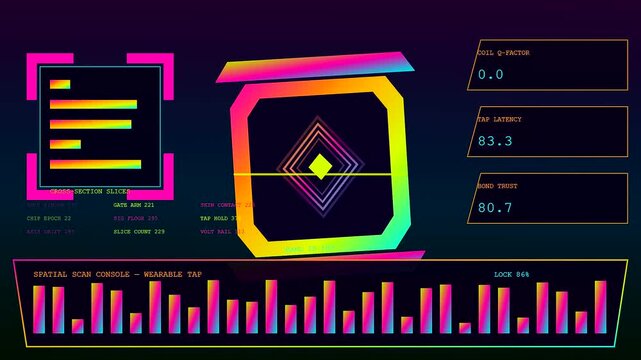 a contactless payment interface displays digital transaction data metrics on screen showing multiple progress bars and geometric square shapes within a dark vibrant purple digital environment