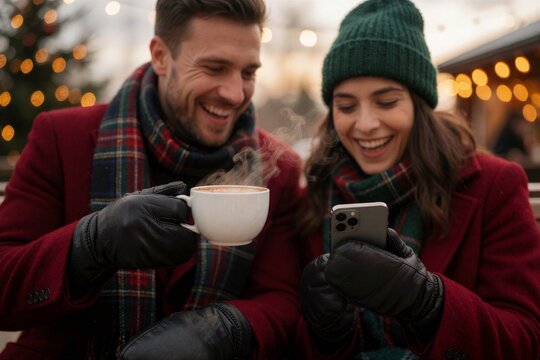 Cozy couple enjoying hot cocoa and taking holiday Christmas photos outdoors amidst warm string lights.
