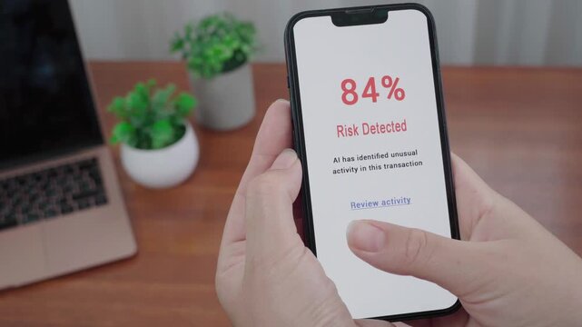 Hands hold a mobile phone showing an AI fraud alert with 84% risk detected and a prompt to review suspicious transaction activity.