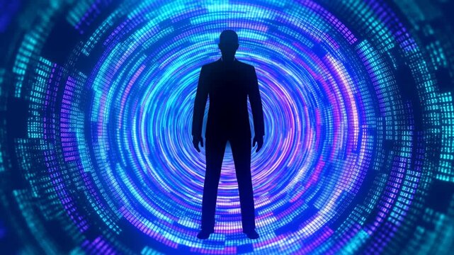 Businessman silhouette standing before glowing digital data tunnel with binary code