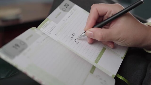 Calm indoor scene as a pen writes an important business meeting entry into a dated paper day planner page.