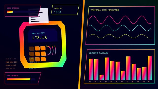 a contactless payment terminal interface displaying vibrant neon data visualizations with oscillating wave patterns and bar graphs pulsating in a dark digital void for financial analytics