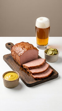 Sliced ​​artisanal Leberk&auml;se on a wooden board with mustard, pickles, and a glass of German beer