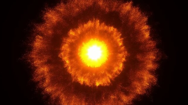 Glowing orange energy sphere expands into a fiery particle burst on black background