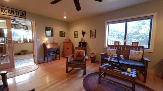 Cozy rustic living room with warm daylight