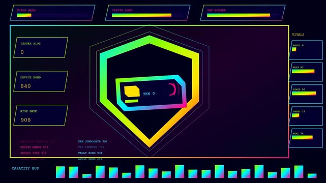 A secure contactless payment system displays dynamic glowing metrics and financial data visualizations on a dark interface screen during active transaction processes in real time