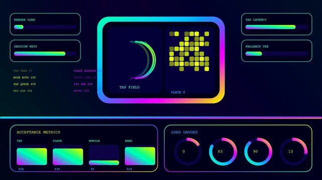 A contactless payment interface displays digital metrics and glowing progress bars while fluctuating data panels indicate real time financial transaction monitoring on a dark screen display