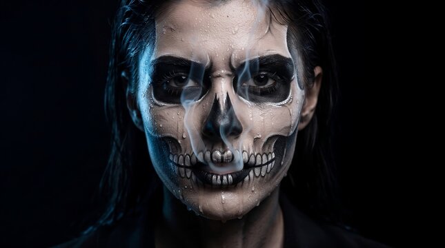 Retrato de maquillaje de esqueleto con gotas de agua y humo, rostro pintado estilo calavera sobre fondo negro